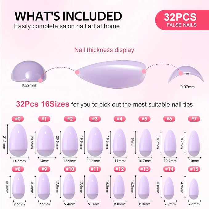 Press On Nails Short Almond - Findigit Taro Purple Press on Nails Soft Gel Stick On Nail with Nail Glue, Fit Natural Reusable Glue On Nails 16 Sizes - 32 Nail Kits Taro Purple