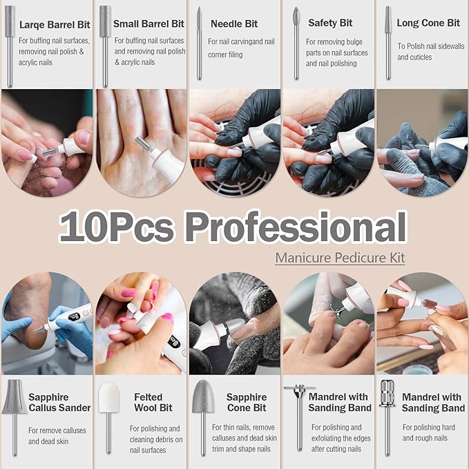 Electric Nail File, 10 Speeds Cordless Nail Drill with LED Light, Portable Manicure Pedicure Kit for Acrylic Gel Nails Thick Toenails Nail Grind, Hand Natural Nails Care - 10 Bits & 120 Sanding Bands