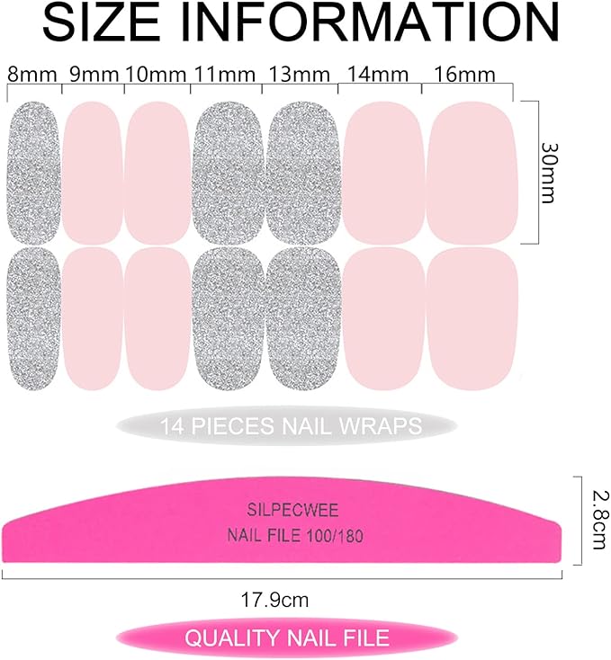 SILPECWEE Pink Nail Wraps for Women Nail Polish Strips Solid Color Glitter Self Adhesive Nail Polish Stickers Gel Nail Strips Fingernail Manicure Stickers with 1pc Nail File (16 Sheets)
