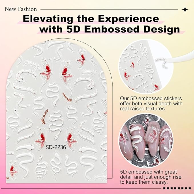 3 Sheets Snake Nail Art Stickers 3D Self-Adhesive Snake Sun Star Pattern Decals Starlight Nail Design Stickers Supplies for Women Girls Manicure Art Decoration 931-17