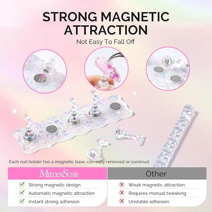 MelodySusie Nail Stand for Press Ons, White Shiny Acrylic Magnetic Base for Painting Display with Brush Holder and 100 Pcs Reusable Double-Sided Tape for Home DIY Salon Supplies