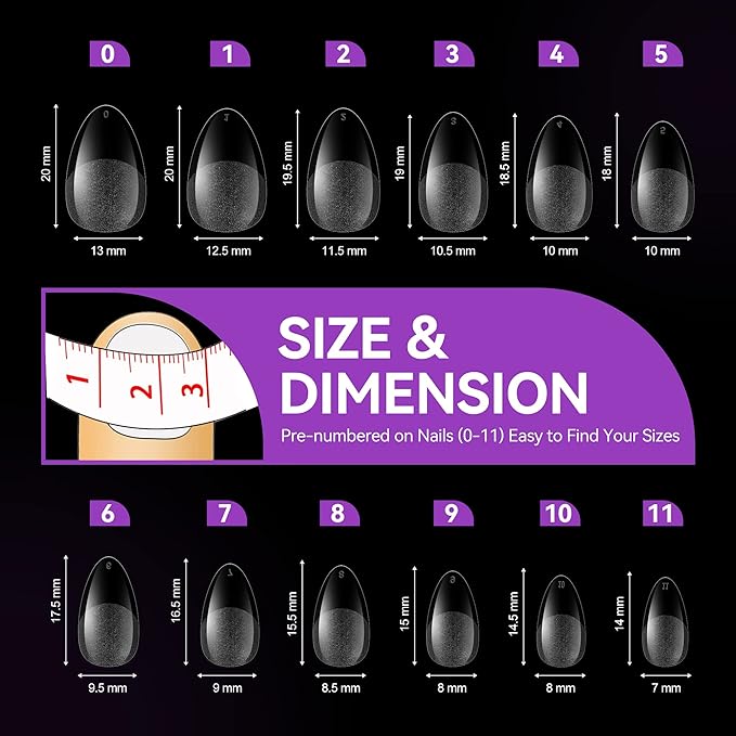 Gelike ec Extra Short Almond Nail Tips: 120PCS Soft Gel Tips for Full Cover Gel Nail Tips Pre Etched - PMMA Resin Clear False Nails 12 Sizes for Girls