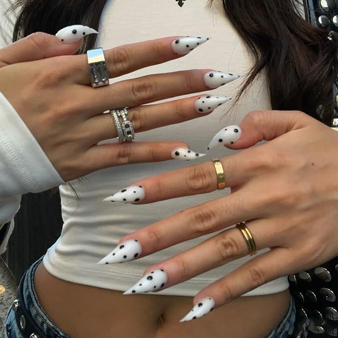10 Pcs Thick Press on Nails White Stiletto Handmade Fake Nails with Polka Dot Design Medium Curved Eagle Claw False Nails Luxury Muti-Layer Gel Nail Halloween Cat Claw Stick on Nail for Women (S)