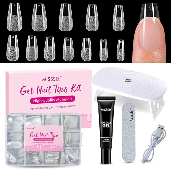Misssix Medium Coffin Gel x Nail Tips Kit, 216Pcs Pre Etched Clear Fake Nails, Full Cover False Nail 9-in-1 Gel Glue and Portable Mini U V Nail Lamp for Women 12 Sizes