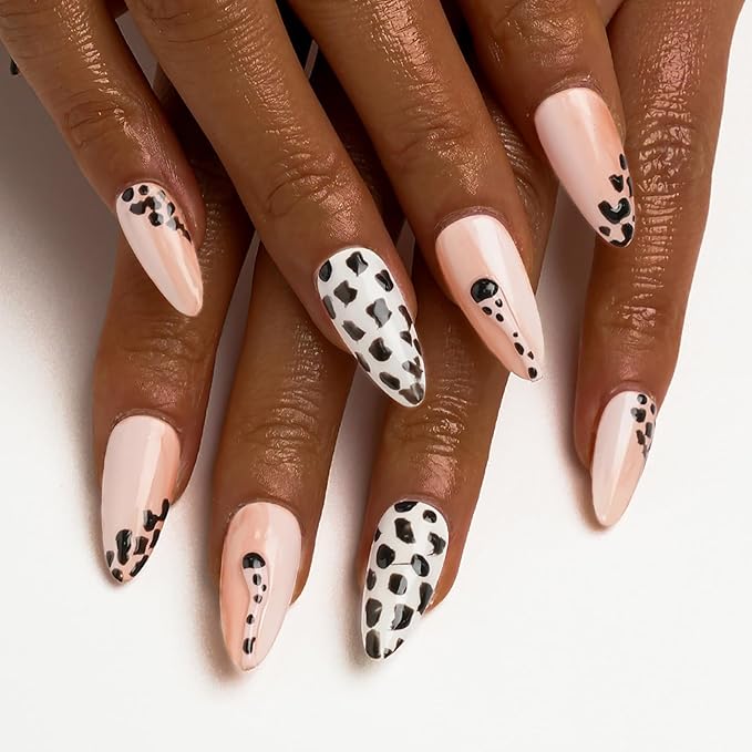 FORBELOVED NAILS,Nude Hand-pained Leopard Handmade Press On Nails,Medium Almond Glue On Nails,Charming 3D Texture Tails False Nails For Women And Girls,10Pcs/Set With Glue,(Nude-L),FOB
