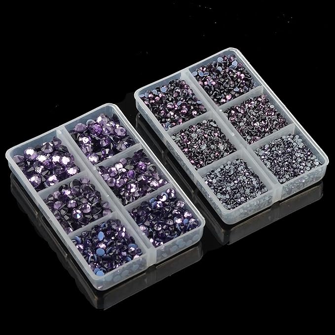 10000Pcs 2-Boxes Mixed Size Hot Fix Round Crystals Gems Glass Stones Hotfix Flat Back Rhinestones with Tweezers and Picking Pencil (Tanzanite)