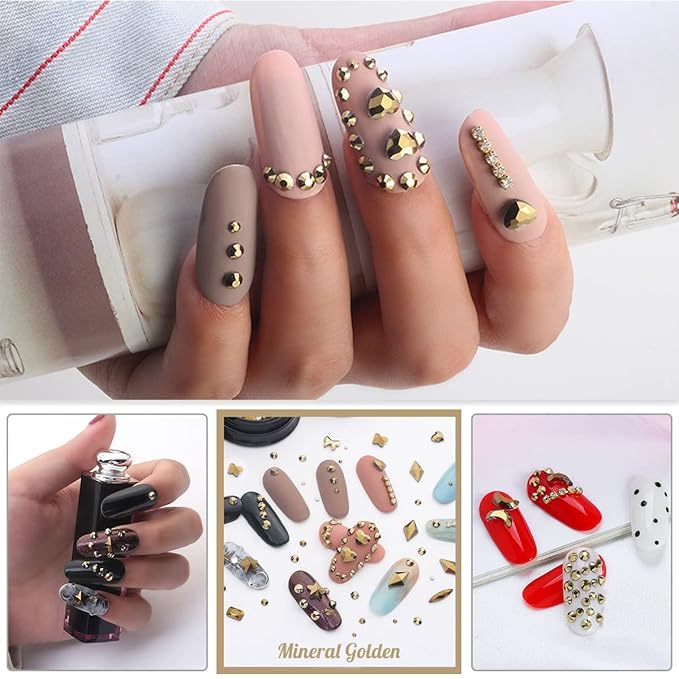 2052Pcs Mine Gold Nail Rhinestones 72 Multi Shapes Flatback metallic golden Rhinestones Gems +1980 Round Beads K9 Glass Nail Stones Diamonds Nail Art Supplies for Nails Faces Eyes Makeup Crafts