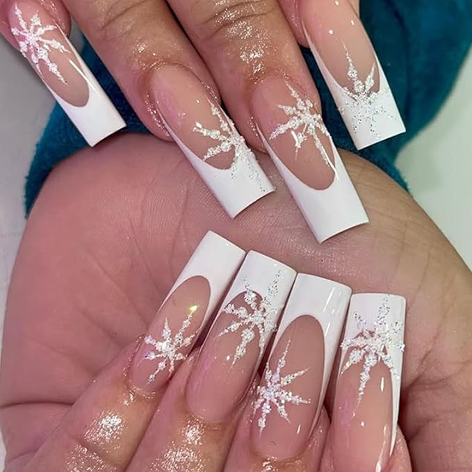 White French Tip Press on Nails Long Square Fake Nails Press ons with Snowflake Designs Winter Glue on Nails Acrylic Full Cover Glossy Acrylic Stick on Nails for Women 24 Pcs