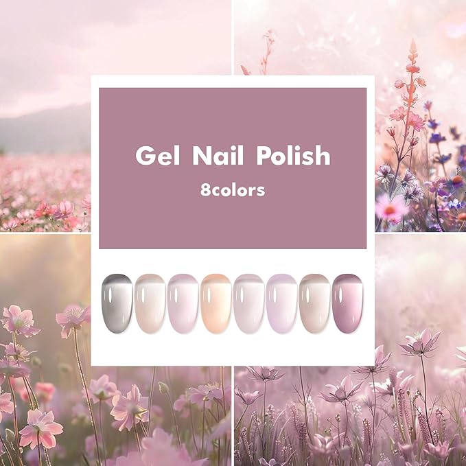 MTSSII Jelly Gel Nail Polish Set - Nude Gel Polish Kit - Milky Nude, Sheer Pink - UV Translucent - Grey - 8 Pcs