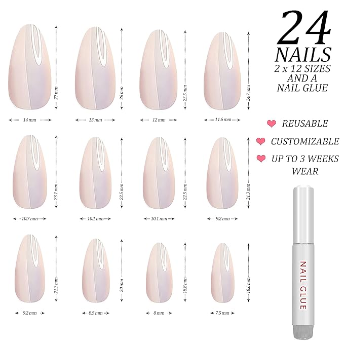 Hypnaughty 24 Pcs Light Peach Almond Chrome Luxury Press On Nails and Glue Reflective Medium Long Pointed Reusable False Nails (Light Peach Almond Chrome)