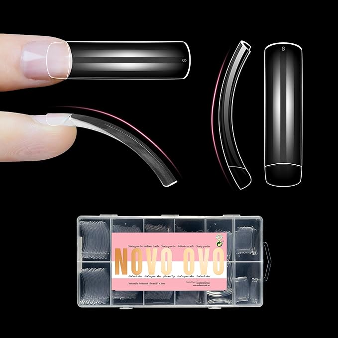 NOVO OVO Half Cover XXL Curved Nail Tips, Square Shallow Paste Soft Gel x Long L XL XXXL Hawk Curve Claw 90s' Y2K Fake Nails Extension kit, Clear Soft French False Nail for Acrylic 12 Sizes 240pc