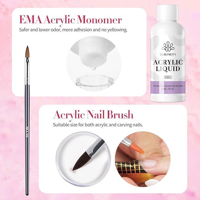 BORN PRETTY Acrylic Nail Kit - Acrylic Powder (Clear, White, Pink) & Liquid Set with Nail Forms, Brush Pen, File & Glass Container - Beginner Friendly