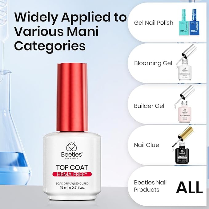 Beetles HEMA-Free Gel Top Coat 15ml, TPO Free No Wipe Top Coat Gel Polish 2026 Upgraded Formula Long Lasting U V LED for DIY at Home & Salon Manicure