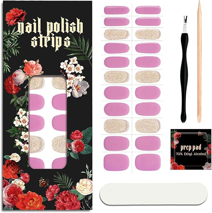 Nail Polish Strips (No UV Lamp Needed) - 22 Pcs Salon Quality Gel Nail Stickers - Long Lasting Wraps (Berry Gold Glitter)