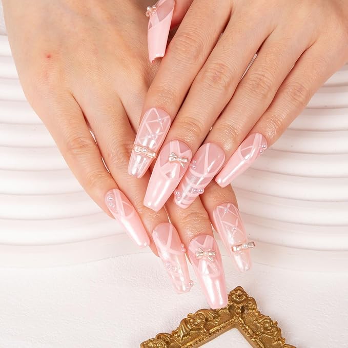 LOVFUL Press on Nails Tiptoe Ballet | Handmade with Full Covered Crystals | Reusable Full Cover Nails | Coffin Classic Regular 1.3 in | H291-S