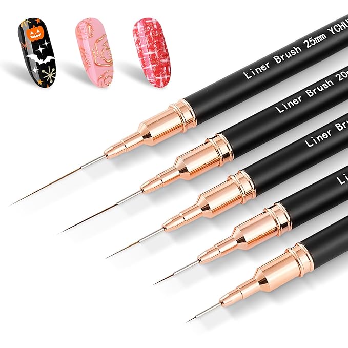 Metallic Nail Art Brushes，Nail Liner Brush Set，5PCS Nail Art Tools for Long Lines,Fine Drawing,Thin Details,Liner Brush Painting Art Design Nail Art Tool Sizes5/8/12/20/25mm，Black