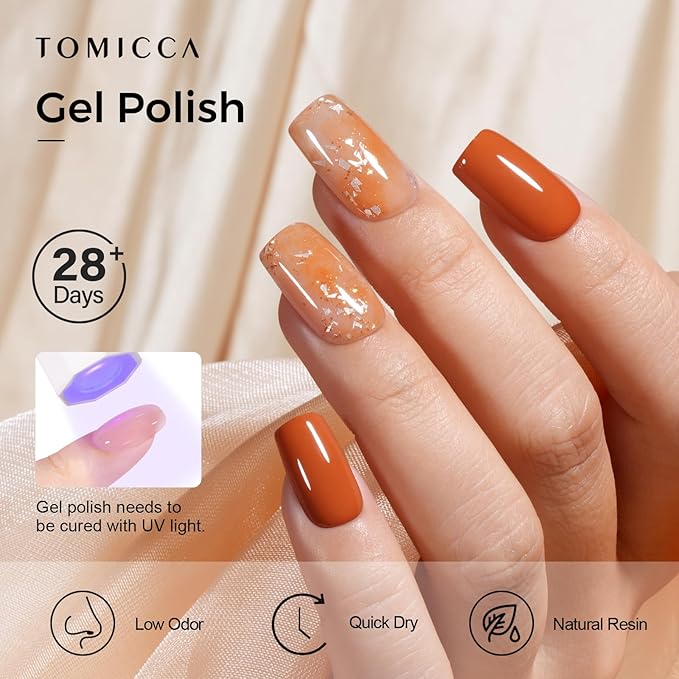 TOMICCA Gel Nail Polish, Dark Orange Gel Polish Autumn Winter, Long Lasting, High Gloss, Soak Off UV LED Nail Polish for DIY Home Salon Manicure Nail Art