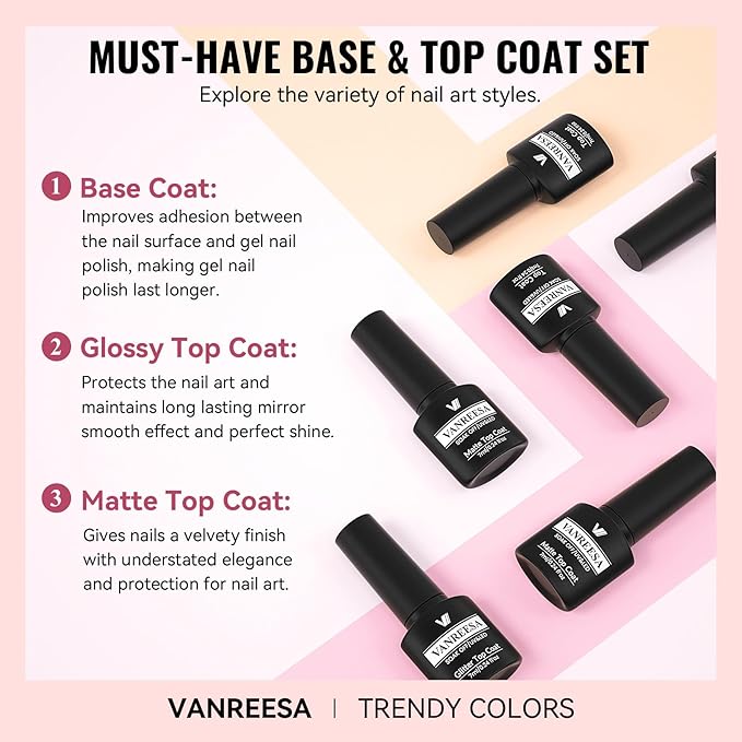 VANREESA 24 Pcs Gel Nail Polish Set, 21 Colors Gel Polish with Base Coat Glossy & Matte Top Coat Nude Pink Red Purple Gray Blue Glitter Gel Polish Kit Nail Kit Gifts for Women Girls