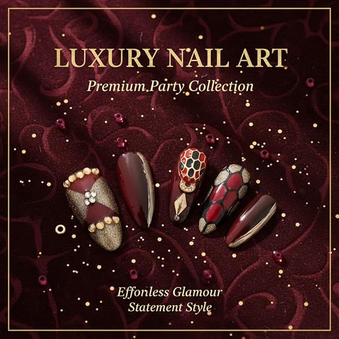 Dark Red Press on Nails Luxury Medium Almond, Handmade Fake Nails 3D Design with Snake Charm Rhinestones Glossy Full Cover Thick Acrylic Nails for Valentine's Day(Red Flame,S)