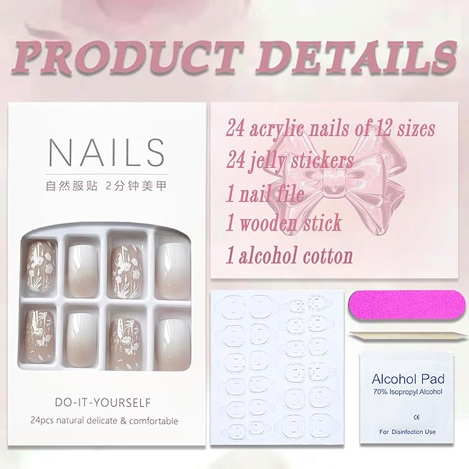 MABKJL French Fake Nails - White Gradient Square Full Cover White Floral Designs Glossy Glue on Acrylic Artificial Nails for Women Girls - 24Pcs