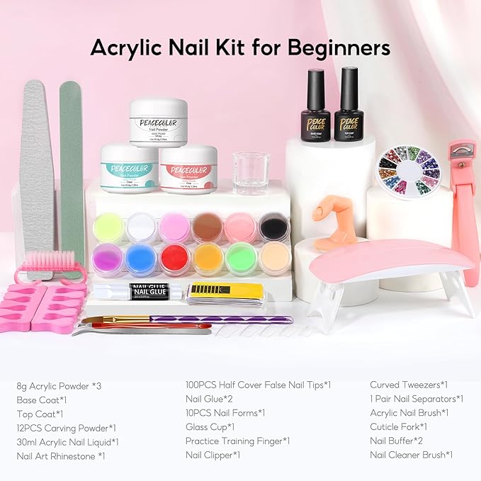 Acrylic Nail kit Starter Set 3Pcs Acrylic Powder with U V Light 12Pcs Glitter Powders 100Pcs Fake Tips Nail Art Home Gifts for Women