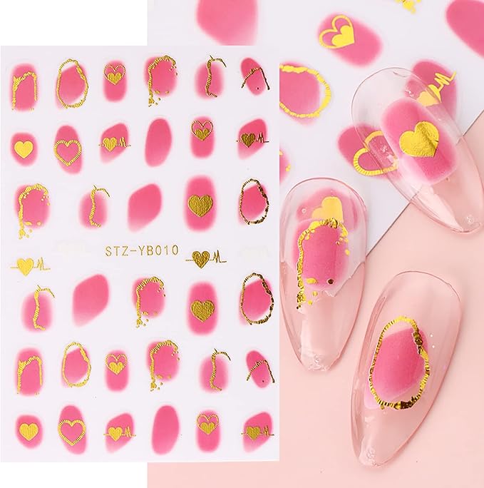 Marble Wave Nail Art Stickers, French Line Nail Art Transfer Decals Designs, 3D Geometry Gold Line Heart Nail Self-Adhesive Sticker Supplies for Women Girls Manicure Decorations, DIY Resin Nail Decal