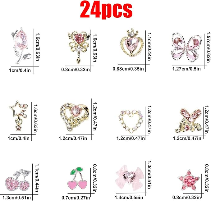 3D Nail Charms,24Pcs Love Heart Star Cherry Butterfly Bow Flower Nail Rhinestone Charms,Metal Alloy Nail Art Decorations for Manicure Design Accessories DIY Crafts (Gold Pink 24pcs)