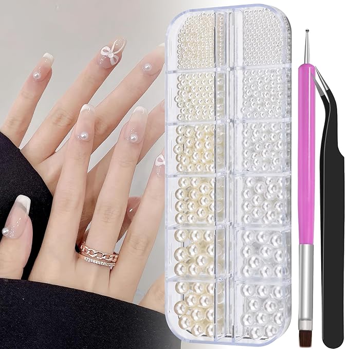 Multi Sizes Round Pearls 3D Nail Charms, 2-6mm White Pearls Nail Jewelry with Tweezers and Dual-end Brush for Women Manicure Nails Supplies DIY Crafts Decorations (21-K1-white-beads)