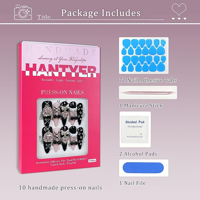 Gothic Punk Press on Nails, Long Stiletto Matte Black & Pink Nails, Silver Gothic Charms, Pink Rhinestones & 3D Art, Salon Nails Reusable & Easy Apply for Parties & Night Events (Size M)