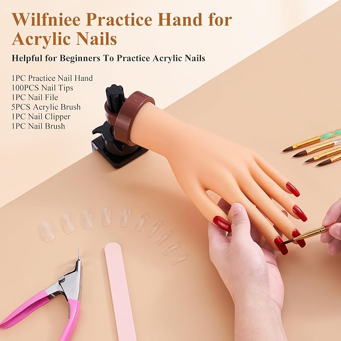 Practice Hand for Acrylic Nails: Rubber Nail Hand with Stand - Fake Manicure Hand to Practice Acrylic Nails for Beginners