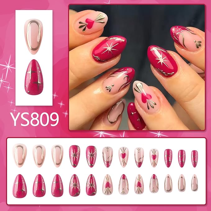 Valentines Press on Nails - Short Almond Nails Press ons with Heart & Star & Golden Line Designs, Red French Tip False Nails, Glossy Acrylic Full Cover Cute Stick on Nails for Women Manicure 24Pcs