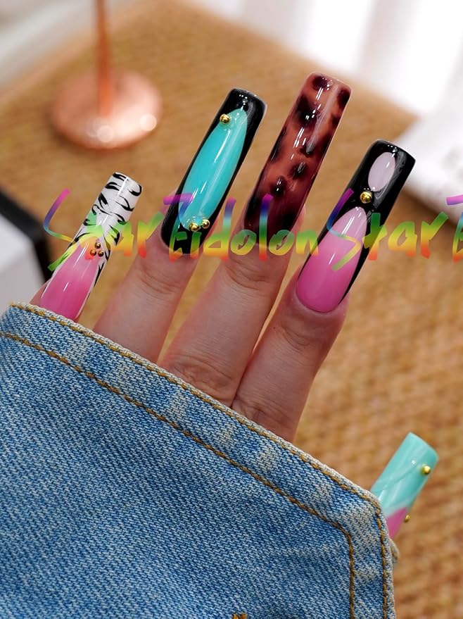 HAND-PAINTED White Press Ons Neon Small Press on Nails Long French Press on Nails Coffin Medium Short Nail art Fake Nail Art Kit with 7g Glue on Nails Handmade Almond Square Nails (Large, J6)