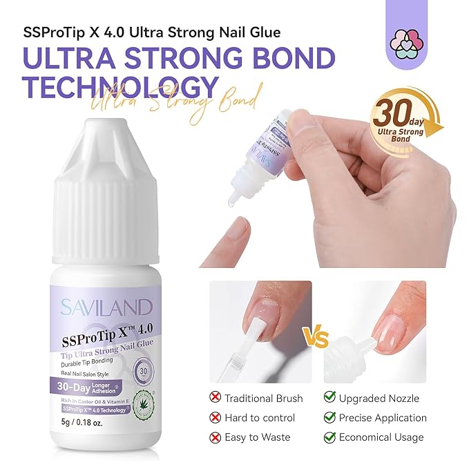 SAVILAND Strong Nail Glue for Nails Press On Nails: Extra Strength Acrylic Gel Glue 5g Long Lasting with Castor Oil Vitamin E Strong Hold Tip Fake Nail Tips No Cure Salon