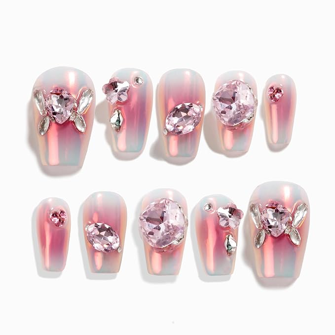 Sun&Beam Nails Handmade Press On Short Coffin Pink Metallic Design Charming Cute False Nail Tips 10 Pcs (#101 XS)