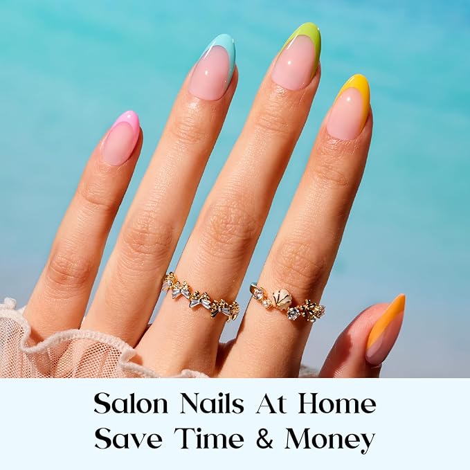 Beetles X Press Summer Nails Kit: Short Almond French Tip Press On Nails Kit With 7 Colors 224Pcs Rainbow Nail Tips Nail Glue & Builder Top Coat Mini UV Light, All-in-One DIY Gift For Women 16 Sizes