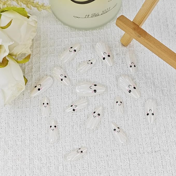 Halloween Press on Nails | Medium Almond Fake Nails with Smiling Ghost Designs,Reusable, Glossy Acrylic | 12 Sizes - 24 Nail Kit with Jelly Glue