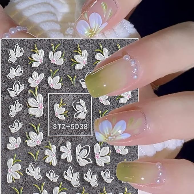 Flower Nail Stickers for Nail Art 5D Embossed Engraved Nails Decals 3D Spring Summer Accessories White Blue Self-Adhesive Nails DIY Design Decoration for Women Girls（6 Sheets