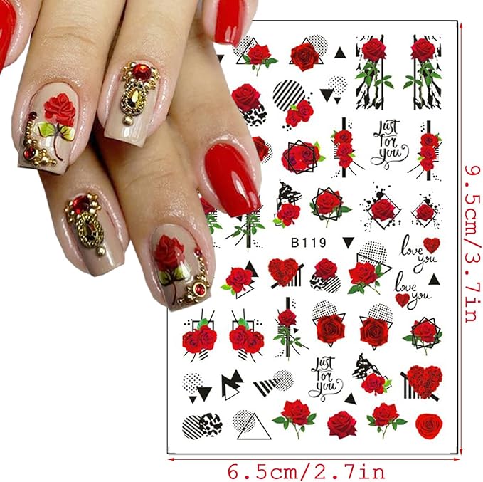 12 Sheets Rose Flower Nail Art Stickers Decals 3D Colorful Floral Self-Adhesive Graffiti Abstract Rose Love Heart Leaf Curve Line Design Supplies for Women Girls DIY Acrylic Nails Art Decoration