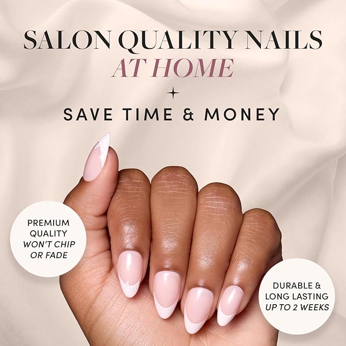 Valentines Day Glamnetic Press On Nails - All Time Love | Glossy, Semi-Transparent, Short Almond French Tip Nails with Leaf Accents, Salon Quality | 15 Sizes - 30 Nail Kit with Glue