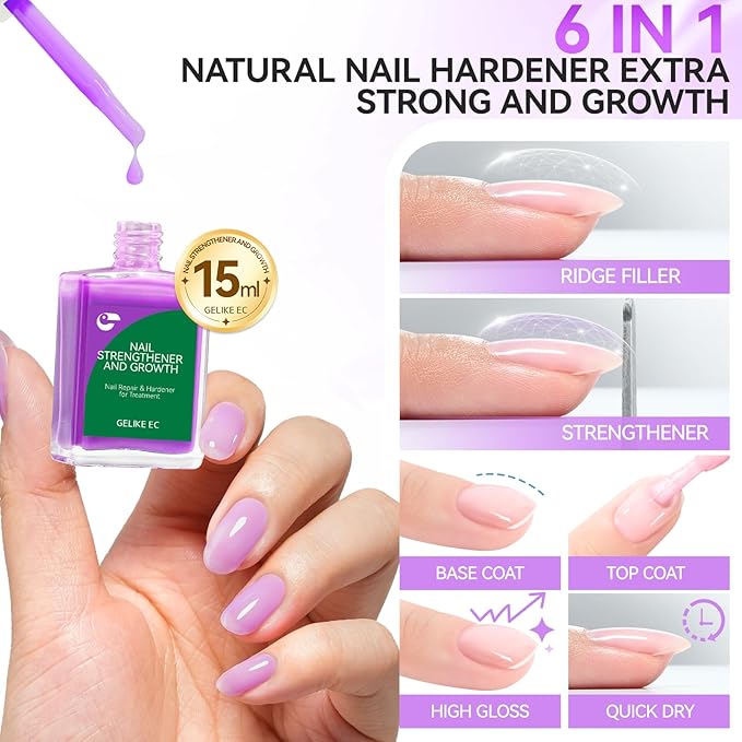 Nail Strengthener and Ridge Filler for Women: Milky Purple 15ml Protein Nail Hardener Extra Strong and Growth for Damaged Nails - 6 in 1 Natural Nails Polish Hardener for Home Salon Women Daily Care
