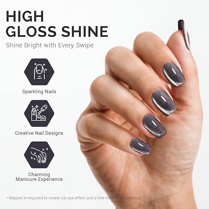 MelodySusie Jeweliver Cat Eye Gel Nail Polish, 0.5 Fl Oz Dark Gray Glitter Holographic Magnetic Nail Polish with Magnet, UV Nail Polish for Nail Art Manicure Salon DIY at Home C6681