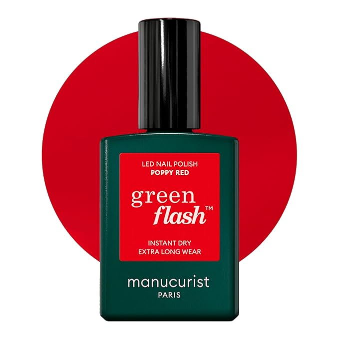 Manucurist Green Flash LED Poppy Red Gel Nail Polish - Vegan, 12-Free, Plant-Based - Strengthens and Protects the Nail - Bright Orangey Red UV Gel Polish - Made in France