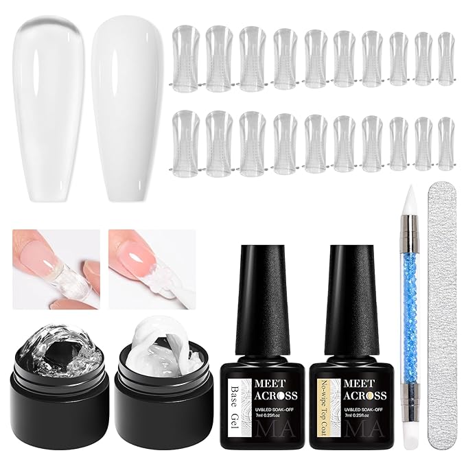 MEET ACROSS All-in-One Extension Mini Kit 2×7ml Non-Sticky Builder Gel Starter Kit WIth Base & Top Coat/Dual-Silicone Pen/Pro File/20-Pc Reusable Dual Forms Salon-Grade Extensions (Clear+White)