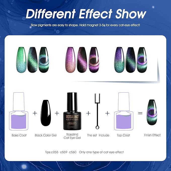 ROSALIND 24PCS Cat Eye Gel Nail Polish Set with Glitter Glossy Matte Top Coat Base Coat, Color Changing Glitter Shinny Effect Magic Gel Polish Set Soak Off Nail Gel Polish Nail Art