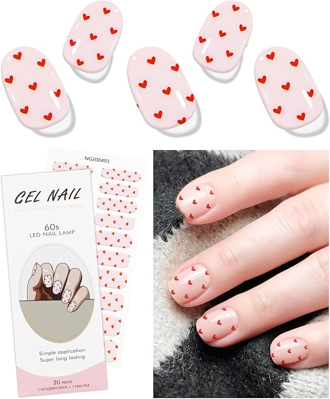 JMEOWIO Gel Nail Stickers Valentines Day Red Heart Semi Cured Gel Nail Strips Wraps UV/LED Nails Art Design Decoration Accessories