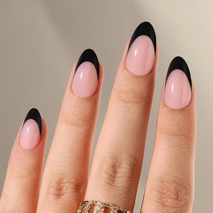 French Tip Press On Nails Almond Short Fake Nails with glue, Soft Gel Black French Tip Press on Gel Nail, Reusable Stick On Nail in 16 Sizes - Glue On Nails 32 Pcs