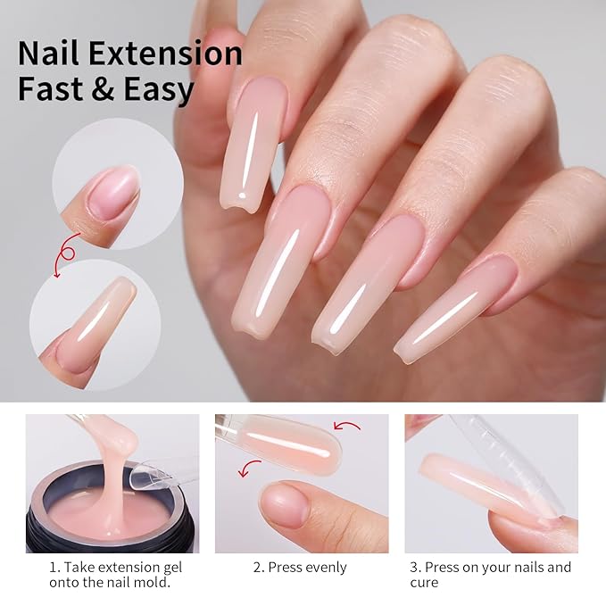 3 in 1 Builder Gel Kit for Nails, 1.23 Oz Nude Strengthener and Extender Gel for Long, Strong Nails for Professional Nail Salon Home DIY With Clear Nail Tips Model and Brush