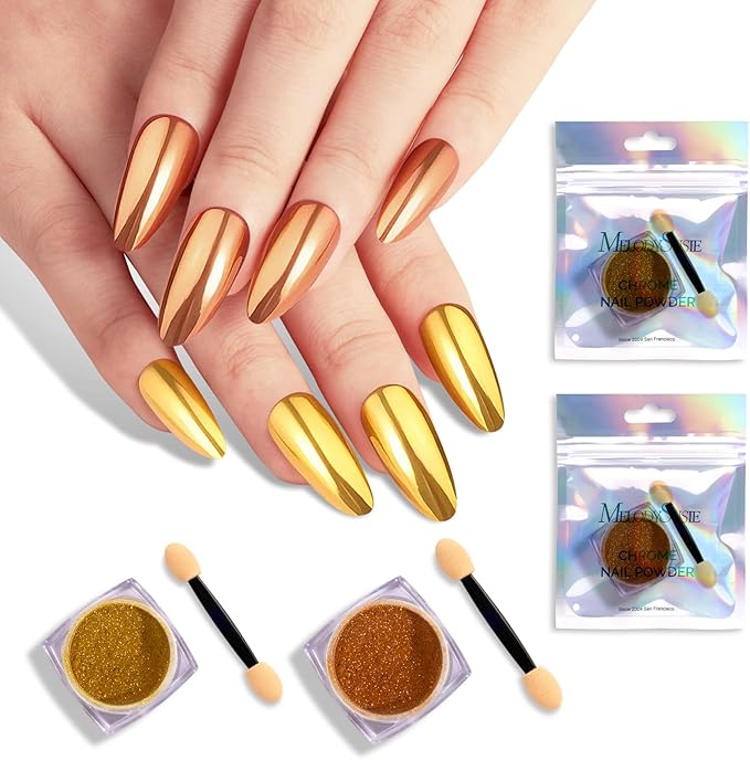 MelodySusie 2Pcs Chrome Nail Powder for Gel Nails,Metallic Mirror Effect Pigment Stylish and Technological Fine Glitter for Home DIY Salon Use