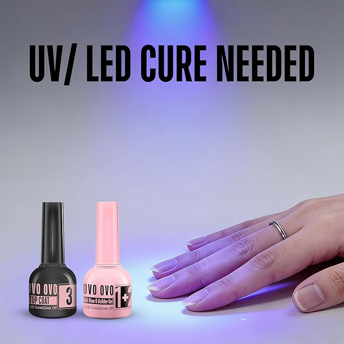 UV Nail Glue and Builder Gel 2 in 1, No Wipe Top Coat Kit for Predesigned French Tip Nail Tips, NOVO OVO Super Strong Adhesive for Press on Nails, 30+ Days Long Lasting, Salon Effect, Easy to Use