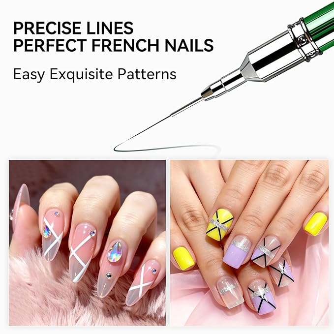 Nail Art Brushes Set 2-Piece: French Tip Brush and 12mm Liner Brush for Gel Clean Up, Smile Lines & Nail Design (Green)